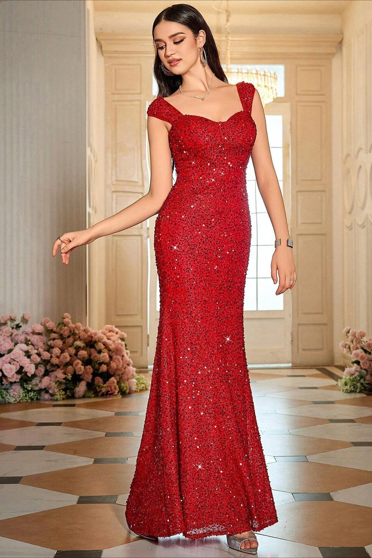 Sequin Sweetheart Cap Sleeve Mermaid Formal Gown - View 17