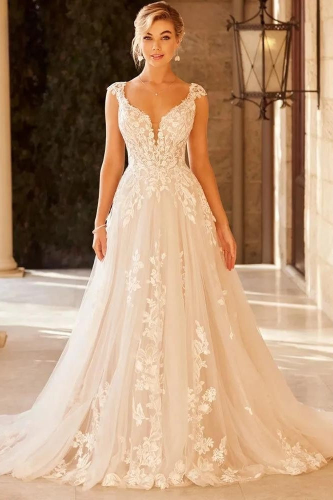 Lace Appliqué V-Neck Cap Sleeve Tulle A-Line Bridal Gown