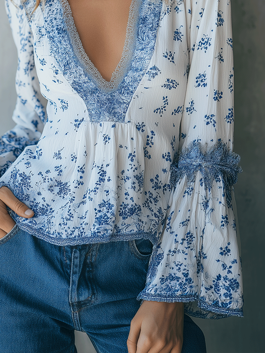 Vintage Boho Blue Floral Porcelain Bell-Sleeve Blouse