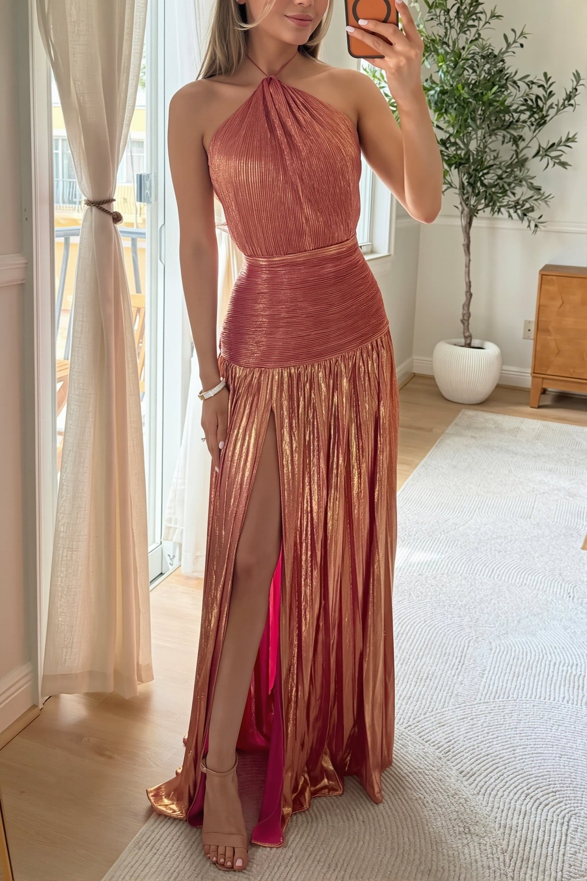 Metallic Pleated Halter Neck High Split Gown