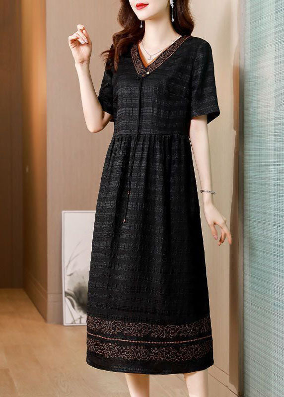 V-Neck Short Sleeve Embroidered Trim Textured Midi Dress - View 2
