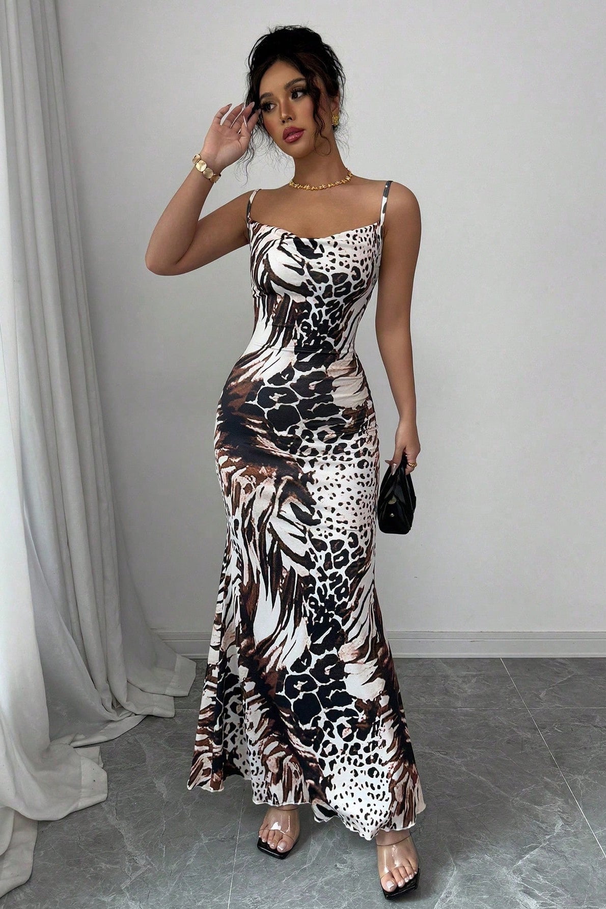 Slim Fit Leopard Backless Slip Maxi Dress