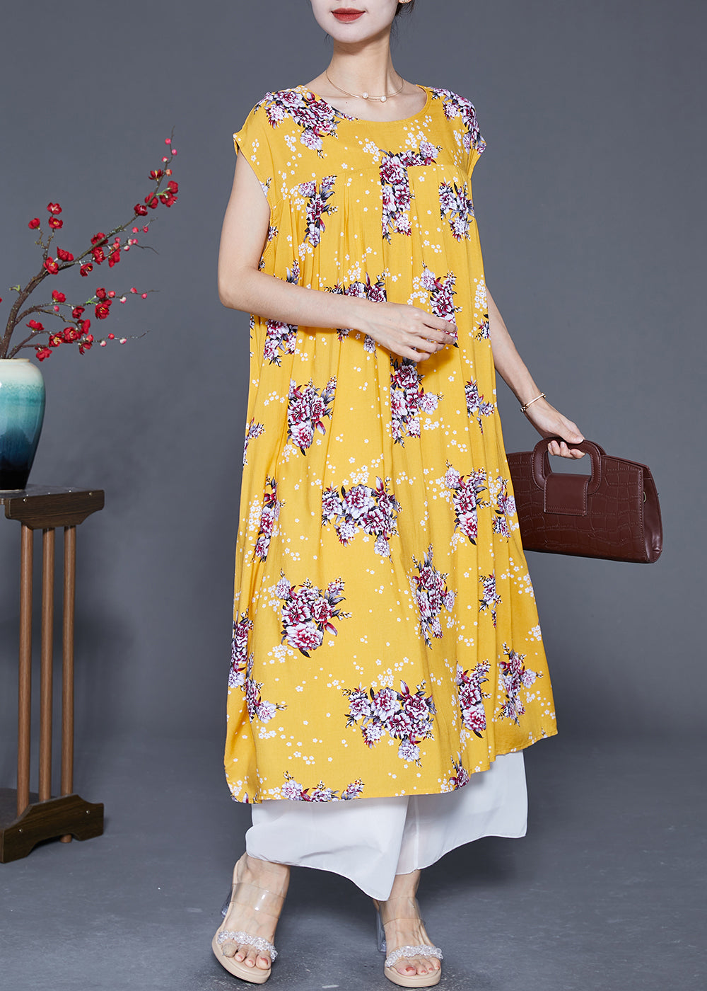 Sleeveless Round Neck Pleated Gathered A-Line Midi Dress
