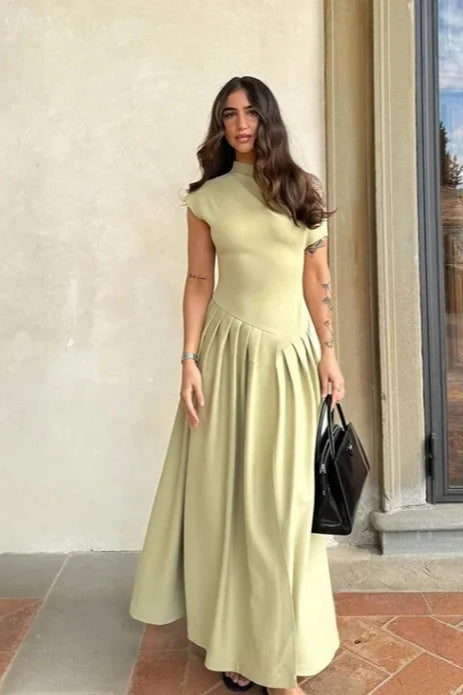 High Neck Cap Sleeve Drop Waist Pleated Maxi Dress
