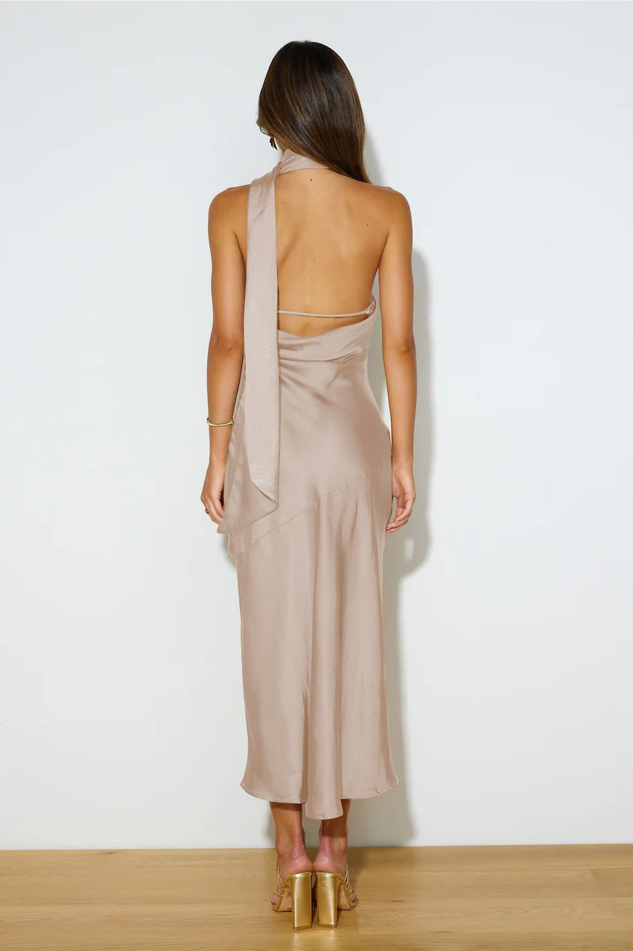 Satin Halter Neck Bias Cut High Split Midi Dress 13