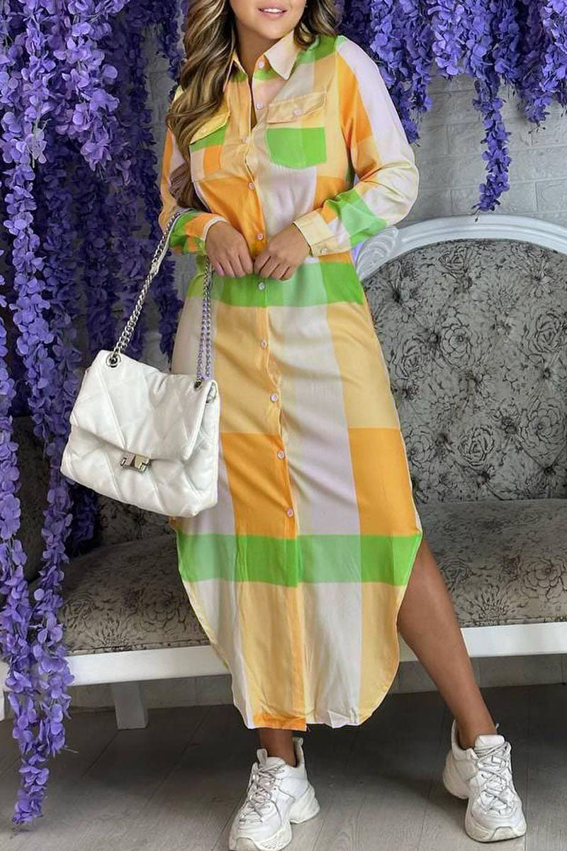 Casual Striped Print Patchwork Buckle Turndown Collar Shirt Dress Dresses Fashionpara