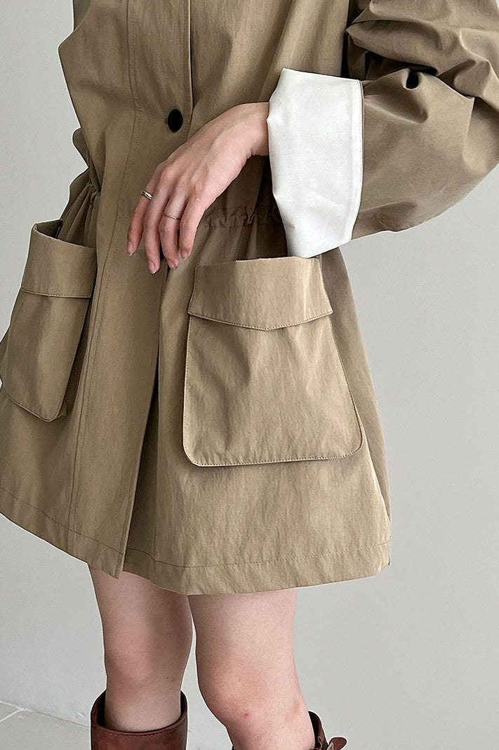 Pocketed Loose Drawstring Trench Coat - Fashionpara
