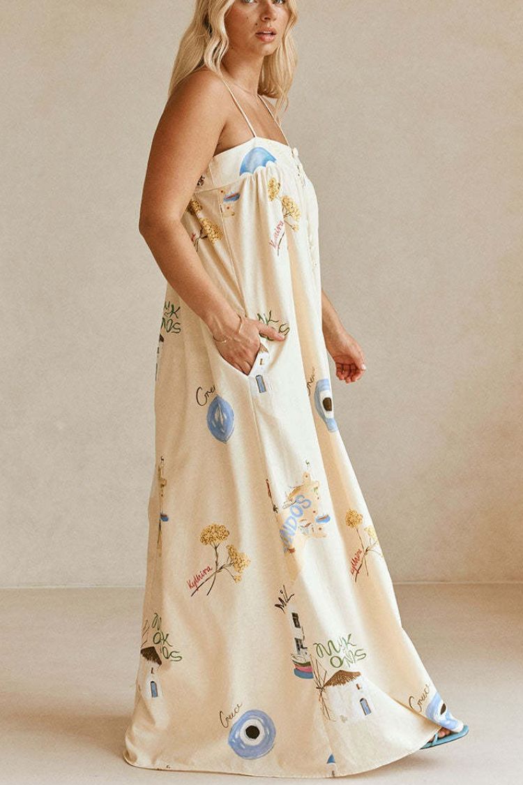 Linen Blend Sling Backless Loose Holiday Maxi Dress - Fashionpara