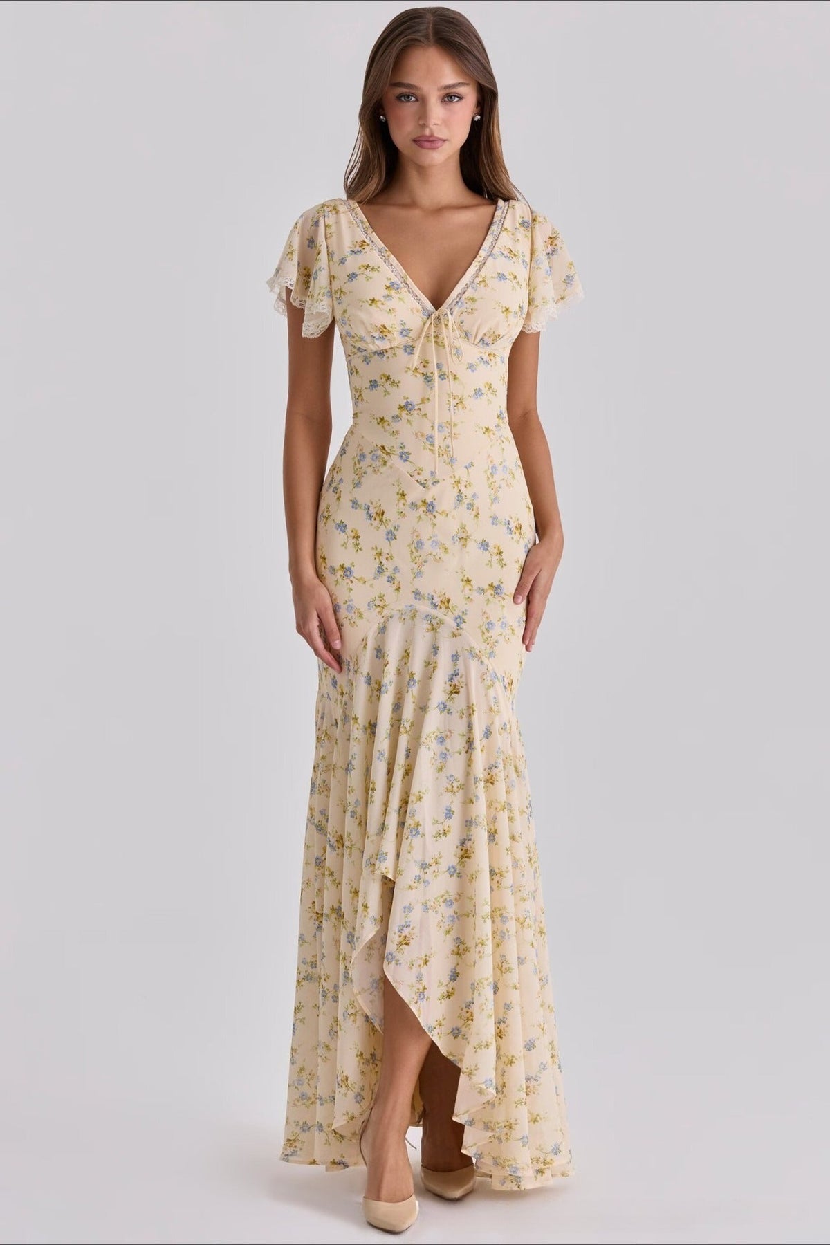 Mermaid V Neck Lace Panel Slim Long Floral Dress