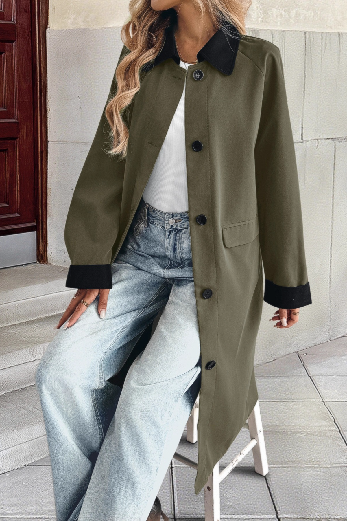 Lapel Color Block Single Breasted Long Office Casual Overcoat - Fashionpara