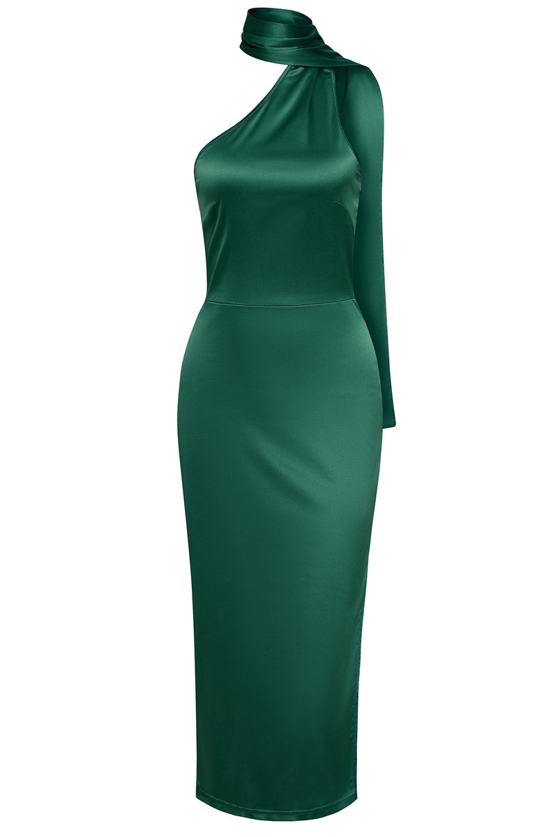 Solid Halter Neck One Shoulder Midi Dress Fashionpara