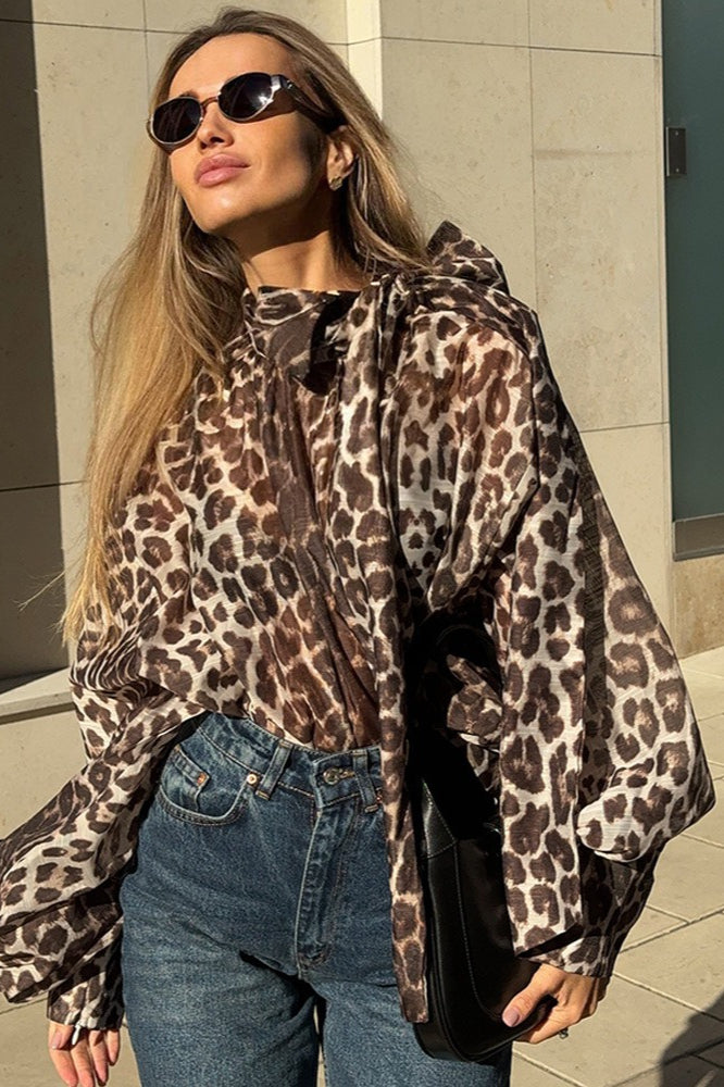Leopard Print Tie Neck Blouse - Fashionpara