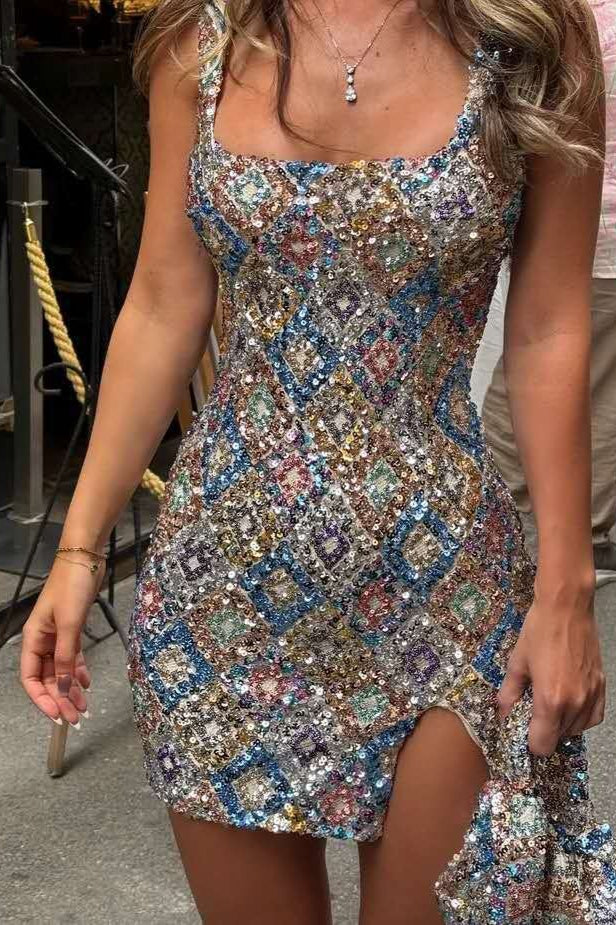 Sequin Square Neck High Split Bodycon Mini Dress - View 5