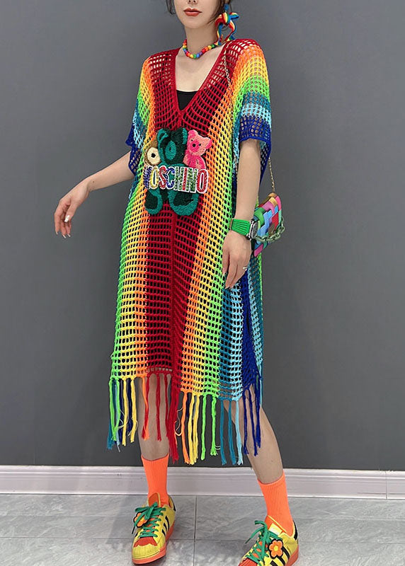 V-Neck Crochet Mesh Oversized Fringe Hem Mini Dress - View 3