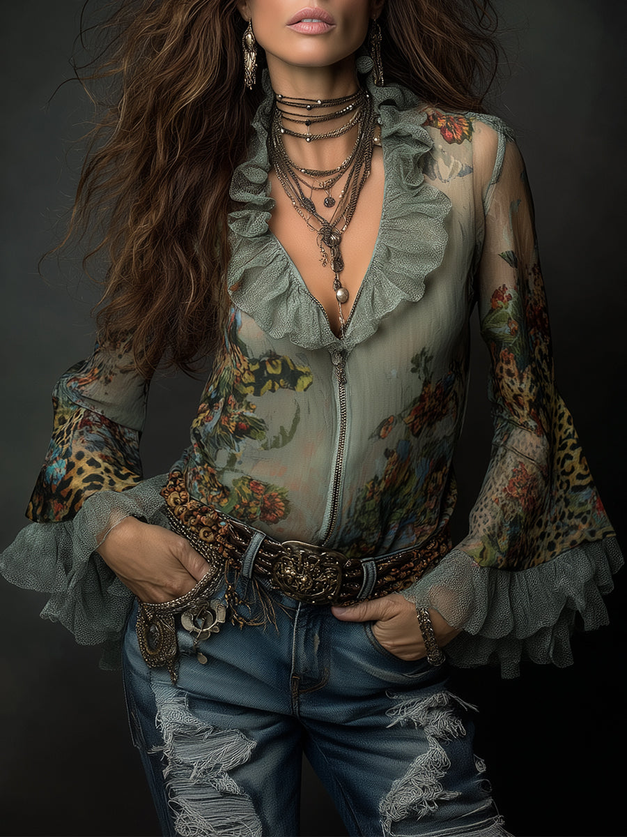 Bohemian Leopard Print Floral Print Chiffon Bell Sleeves Blouse