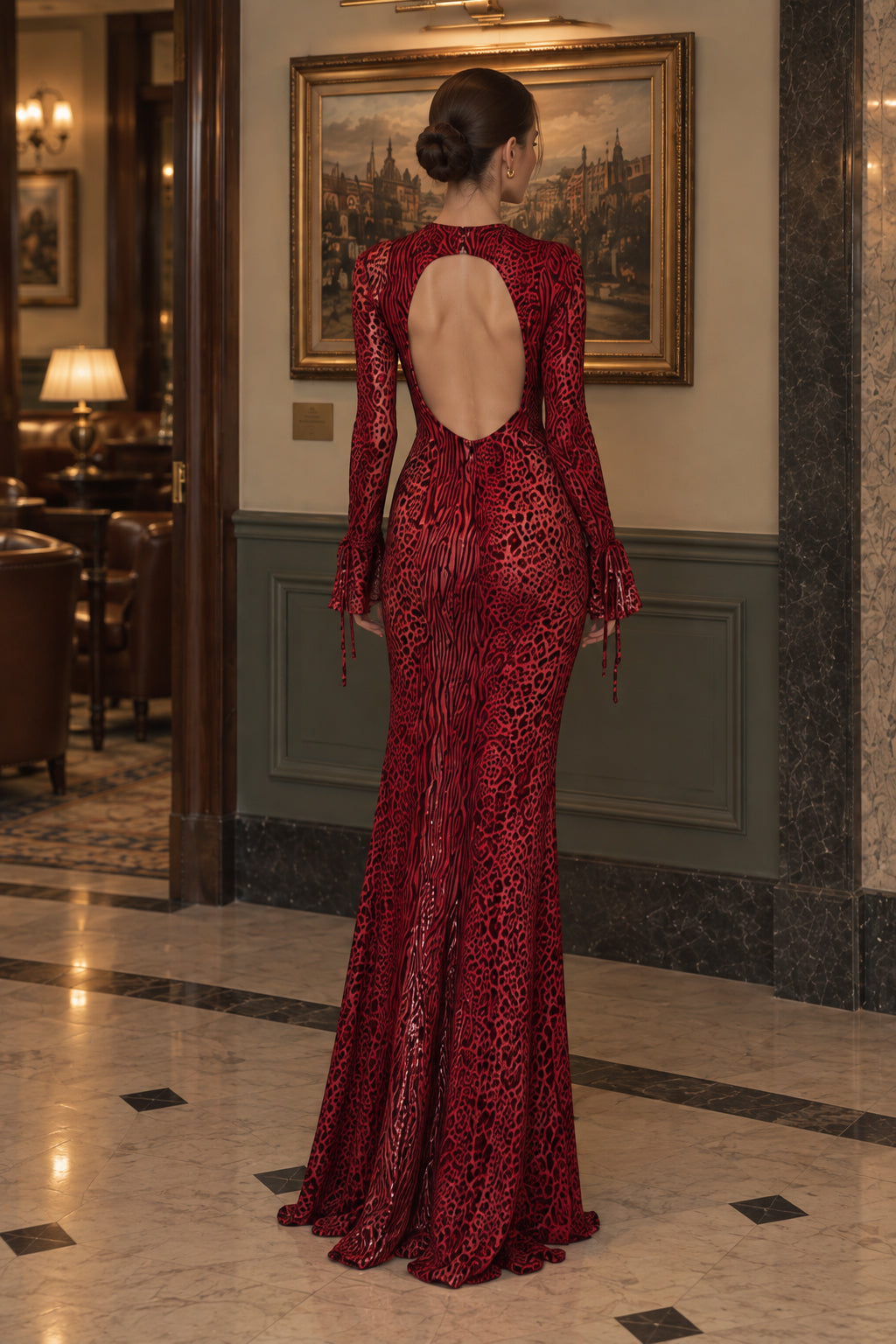 Leopard Print Crew-Neck Flared-Sleeve Mermaid Maxi Gown