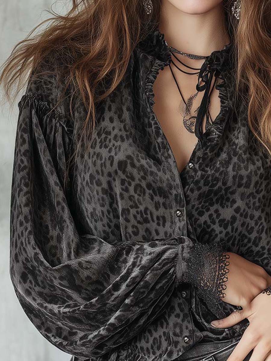 Smoky Gray Bohemian Romantic Velvet Leopard Print Shirt - Fashionpara
