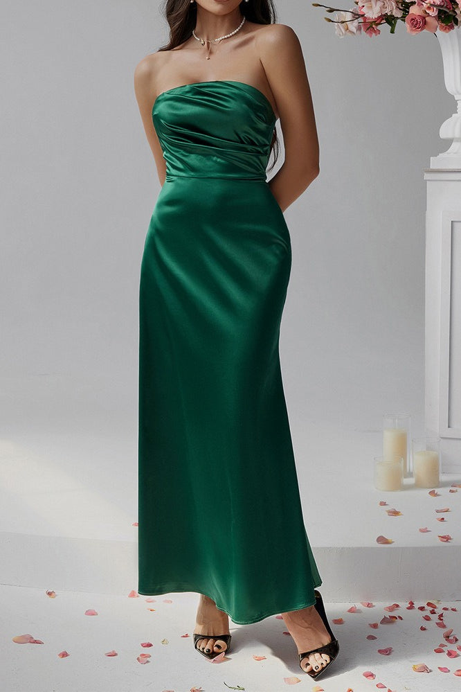 Satin Strapless Ruched Bustier Mermaid Formal Gown - View 9