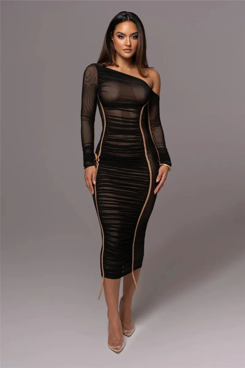 Diagonal Collar Mesh Midi Dress - View 9