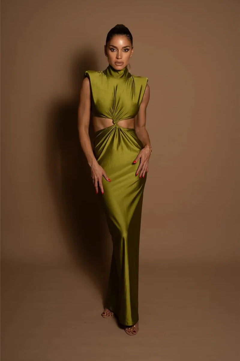 High Neck Sleeveless Twist Front Cutout Bodycon Dress