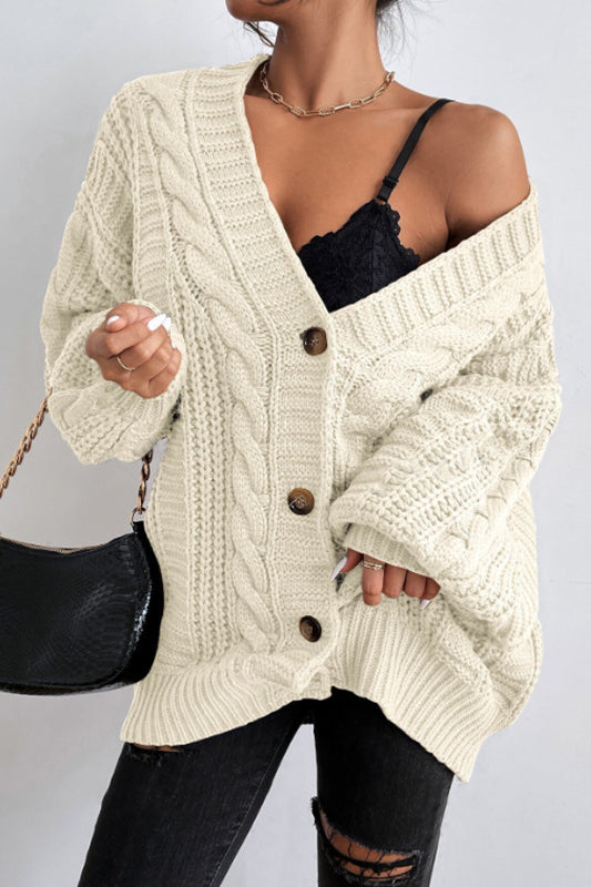 Vintage Cable Knit V-Neck Cardigan with Balloon Sleeves