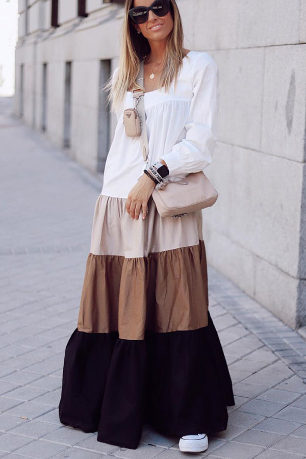 Square Neck Empire Waist Tiered Long Sleeve Maxi Dress - View 2