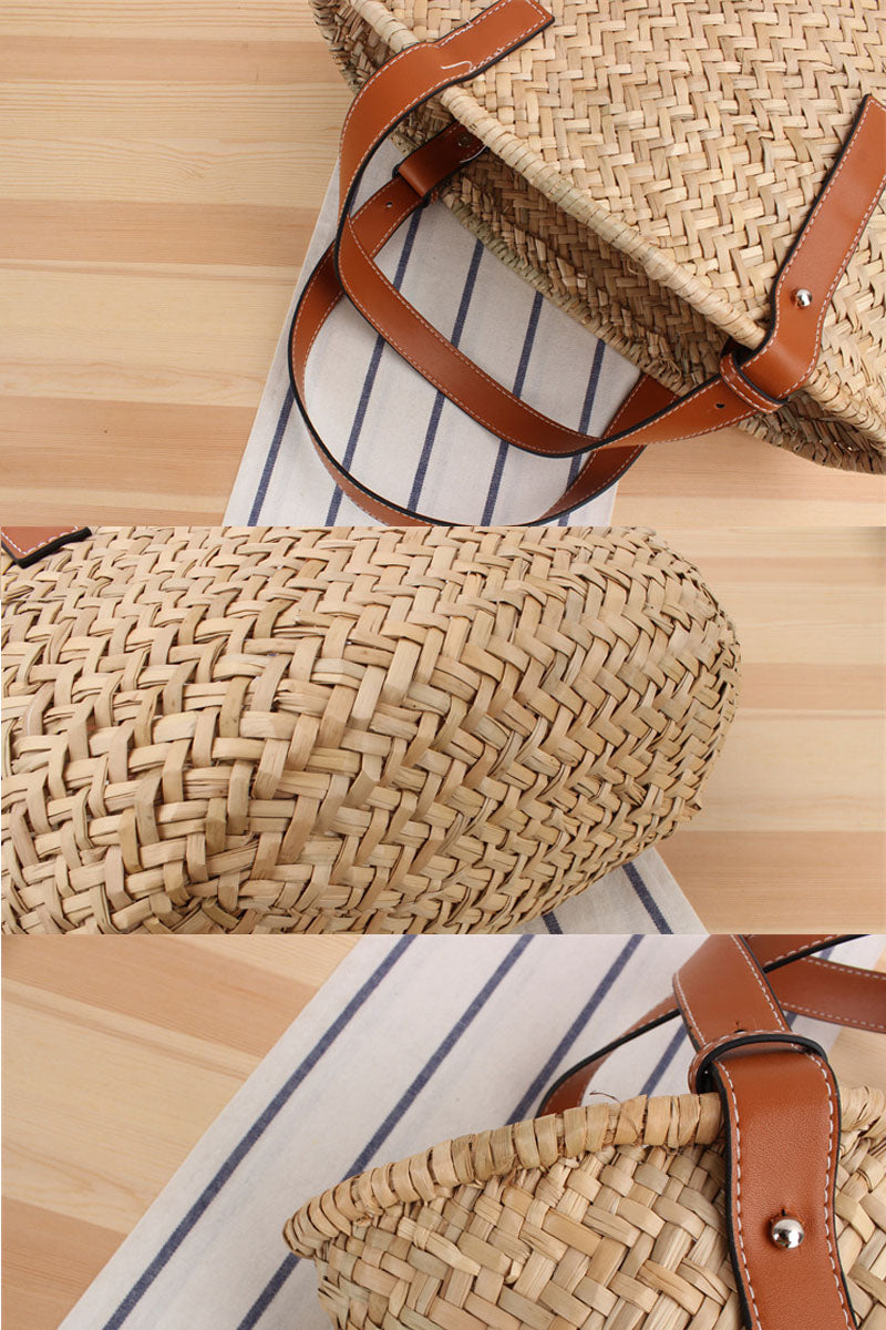 Beach Leather Shoulder Straps Woven Straw Basket Bag - Fashionpara