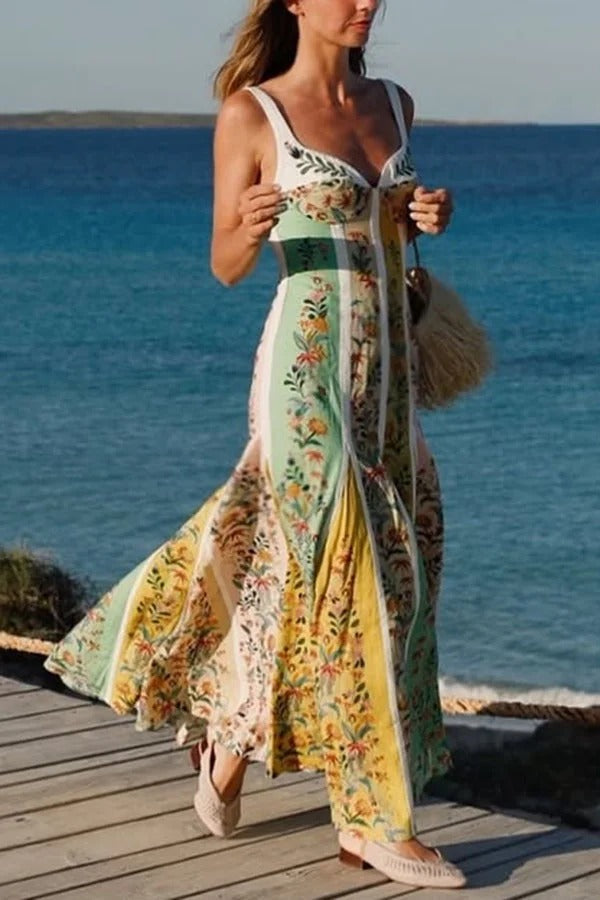 Sweet Garden Linen Blend Color Block Floral Paneled Maxi Dress - Fashionpara