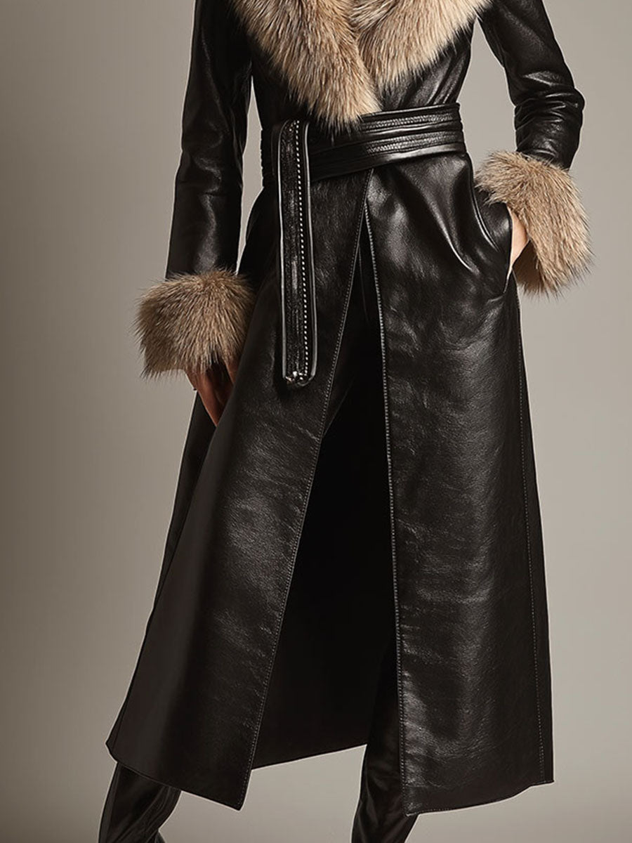 Vintage Black Long Eco Leather Trench Coat With Eco Trim