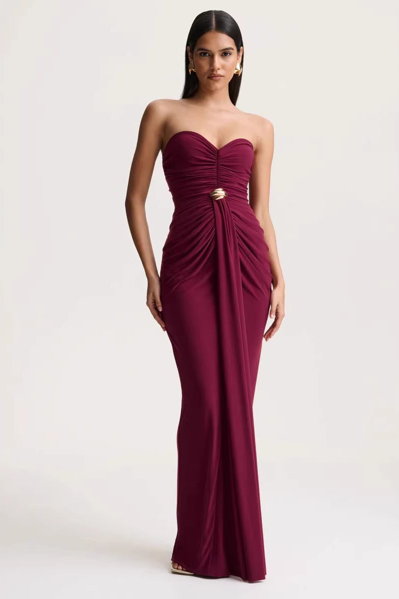Strapless Sweetheart Ruched Gold Ring Draped Maxi Gown
