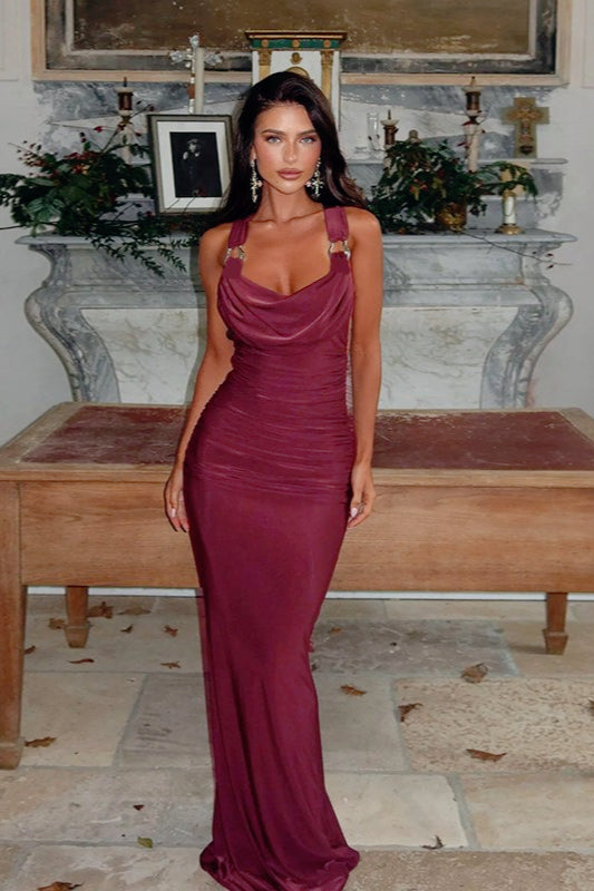 Draped Cowl Neck Satin Ruched Fishtail Mermaid Gown