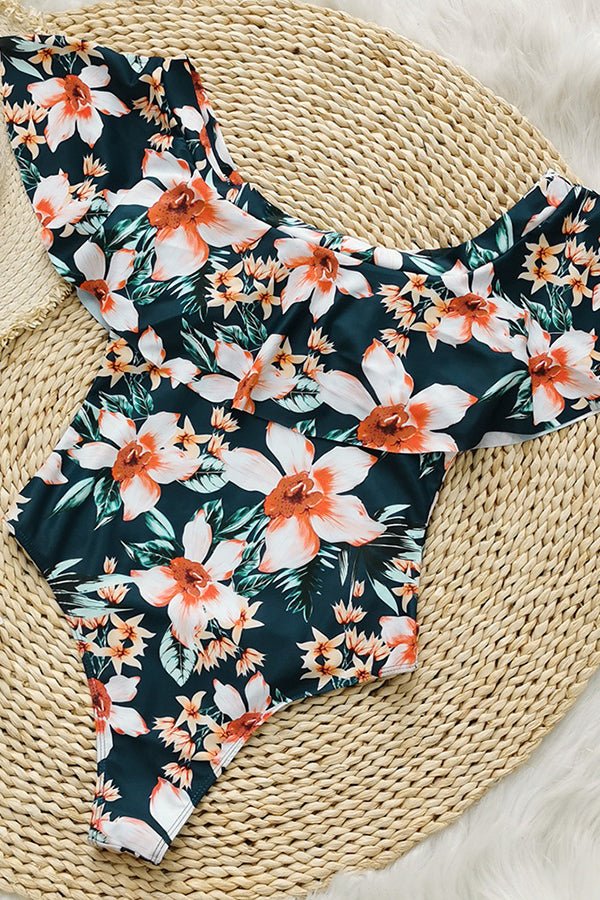 Off-Shoulder Ruffle Print One-Piece Swimsuit - Fashionpara