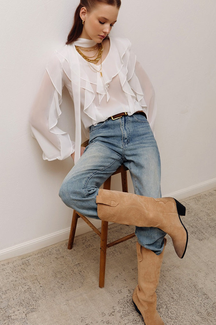 Ruffle Front Scarf Tie Blouse