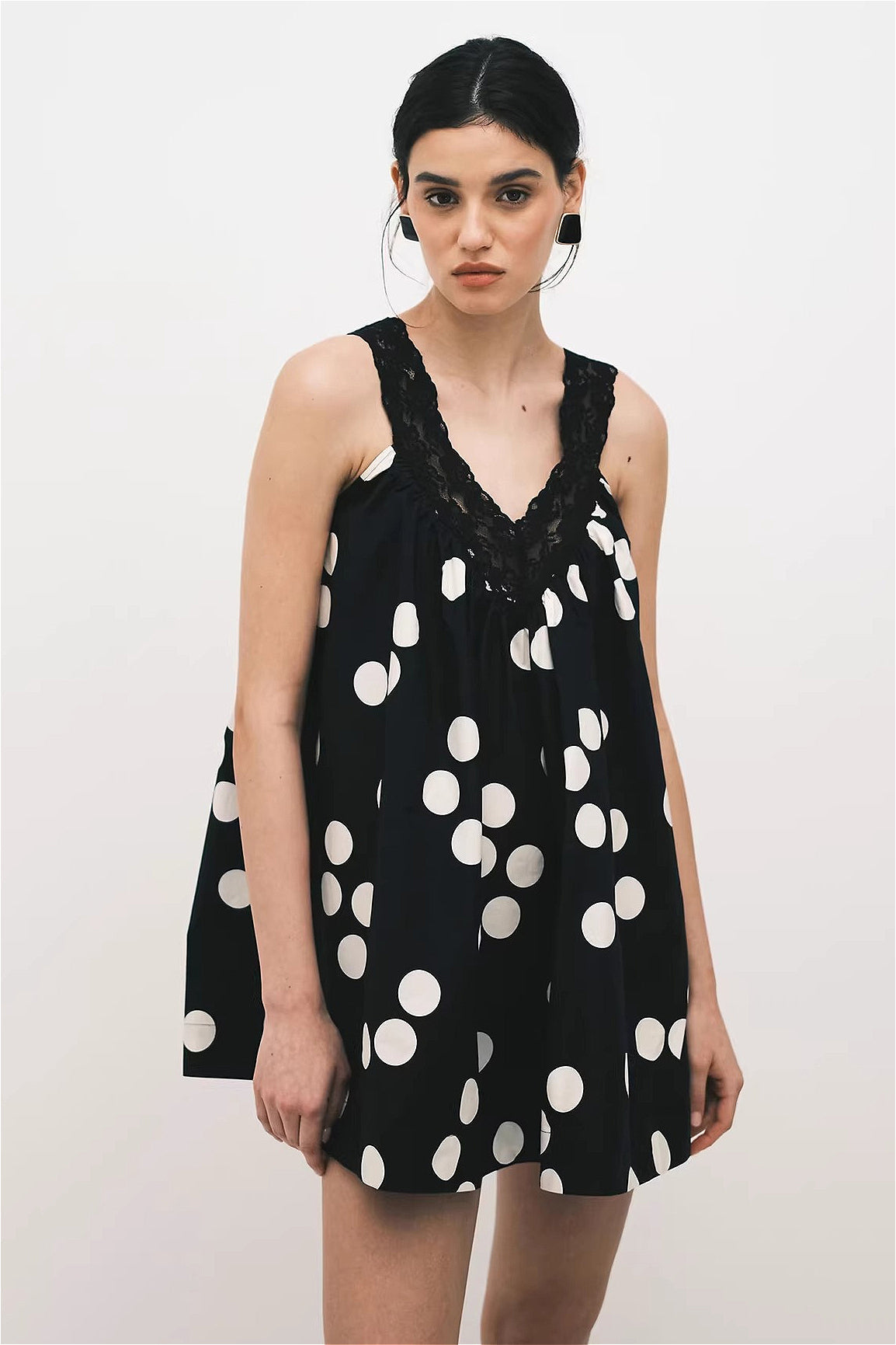 Polka Dot V-Neck Lace Trim Babydoll Mini Dress 3