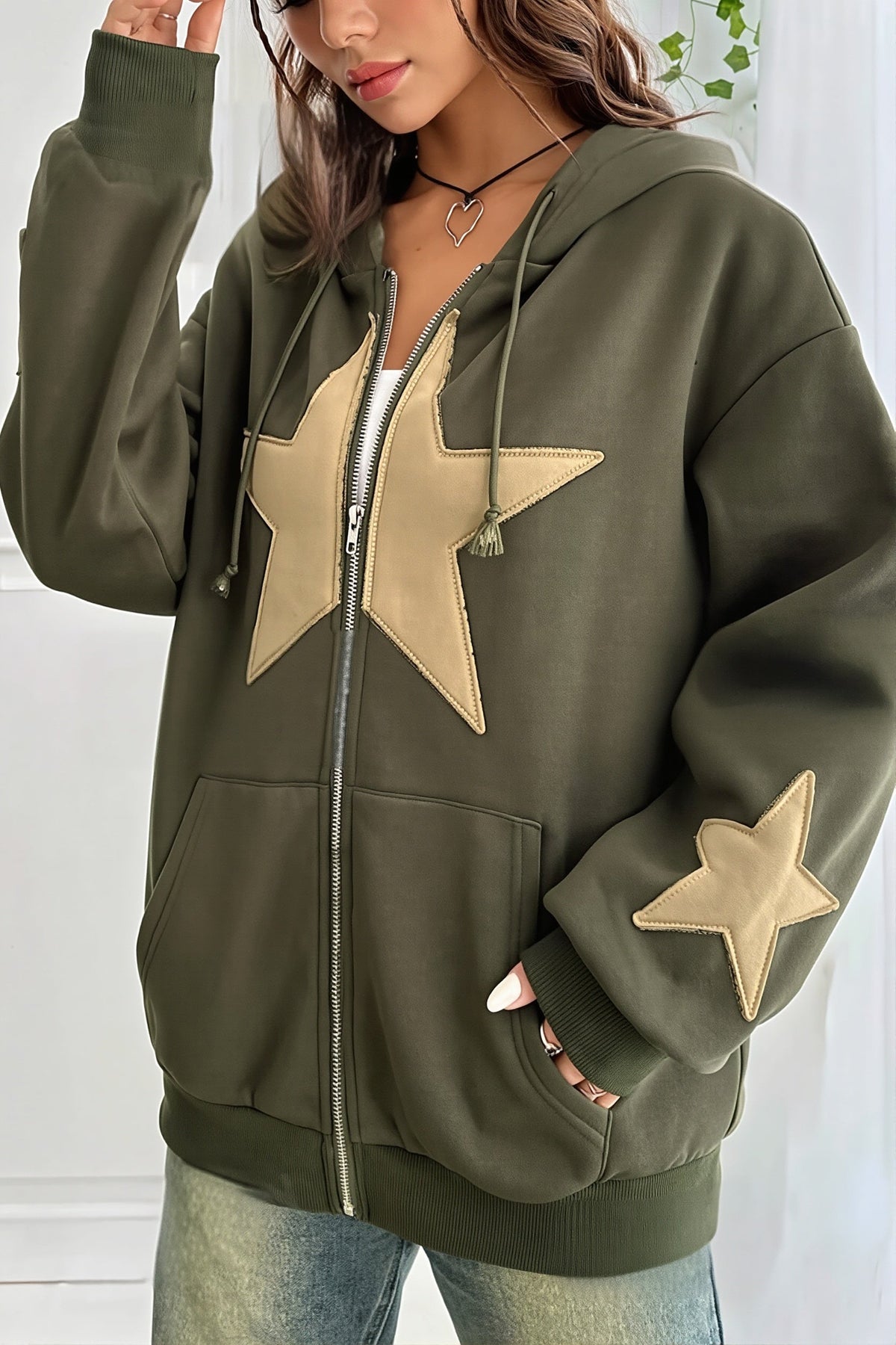 Star Contrast Oversize Zip Hoodie 7