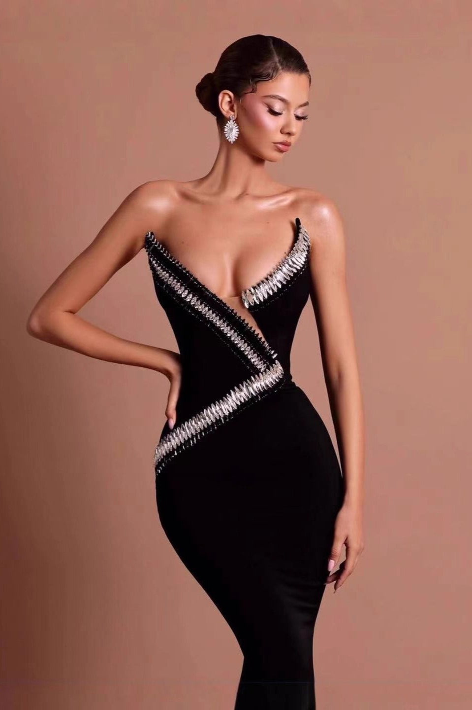 Black Crystal-Embellished Bandage Mermaid Party Dress