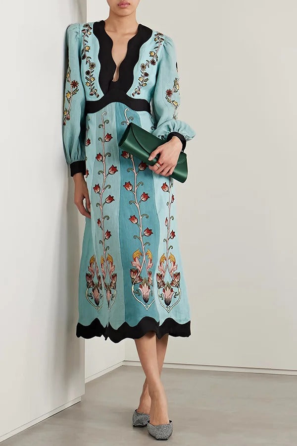 Flowing Beauty Linen Blend Floral Print Balloon Sleeve Open Back Midi Dress - Fashionpara