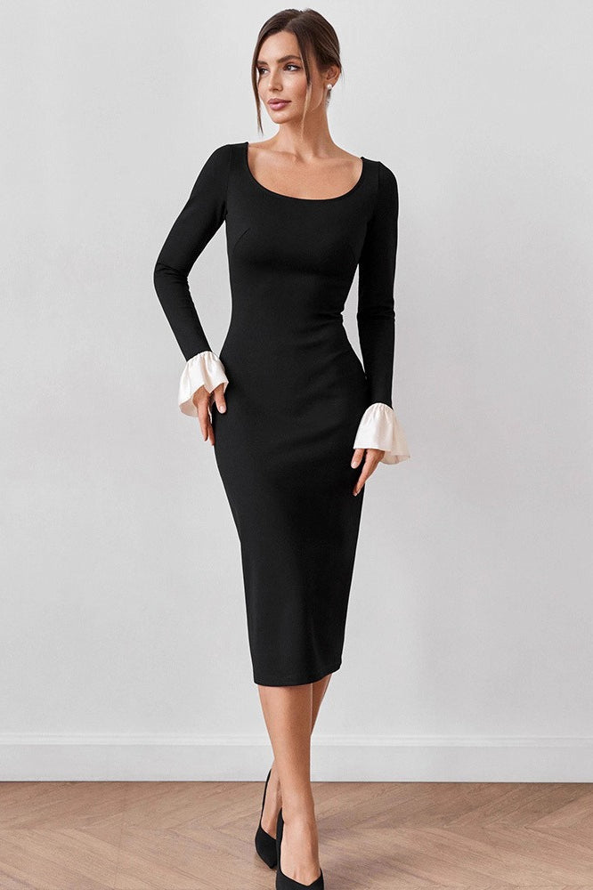 Square Neck Long Sleeve Contrast Cuff Bodycon Midi Dress