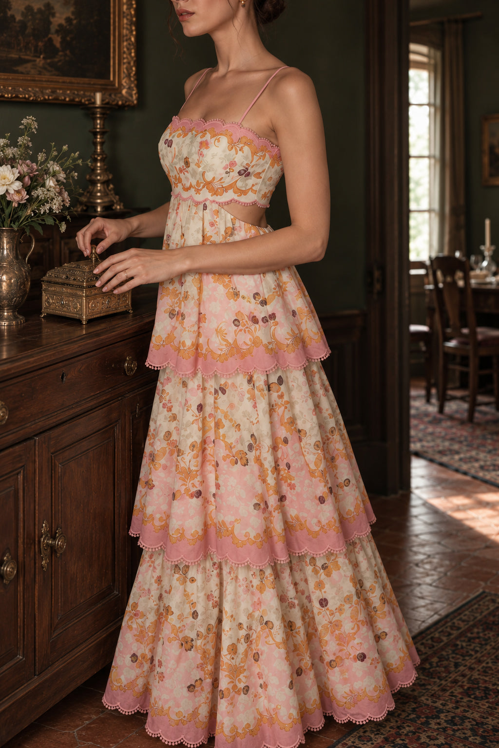 Floral Print Sweetheart Scalloped Tiered Maxi Dress