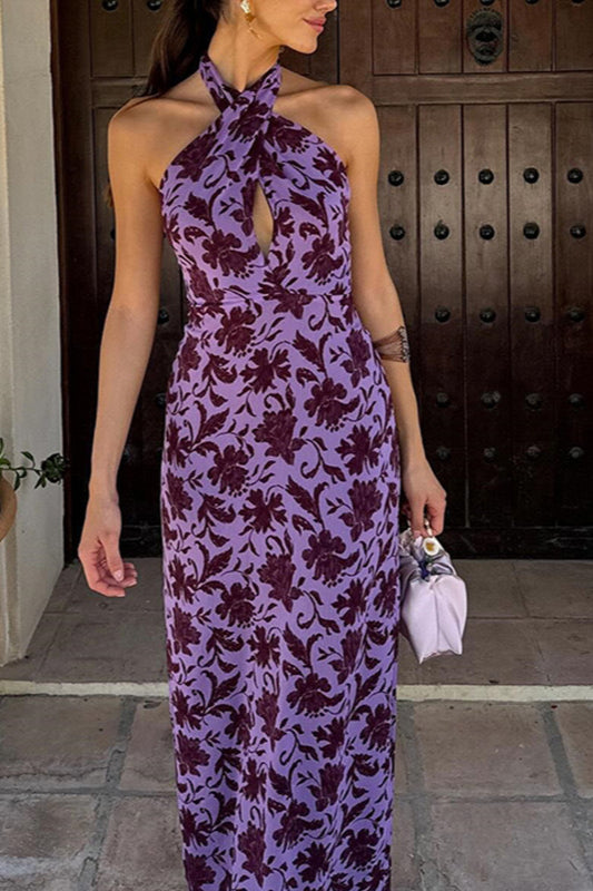 Floral Print Halter Neck Twist Keyhole Maxi Dress 2