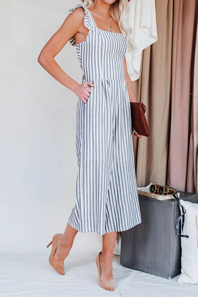 Flip Side Pocketed Striped Ruffle Jumpsuit - Fashionpara