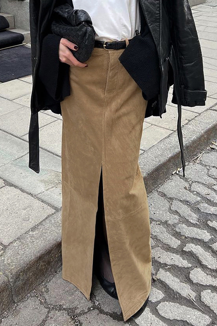 Vintage Suede Brown High Waist Split Midi Skirt