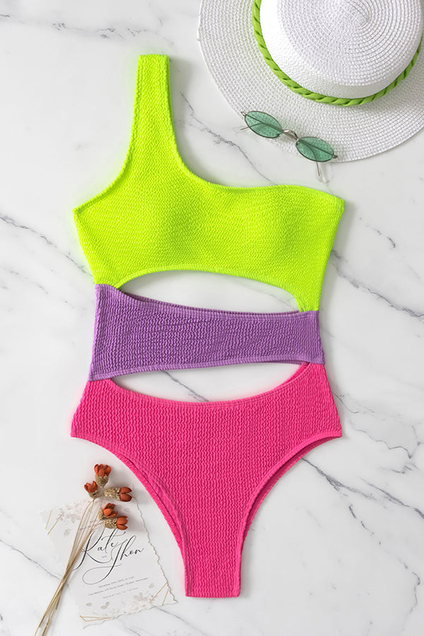 One-Shoulder Contrast Panel Cutout One-Piece Swimsuit - Fashionpara
