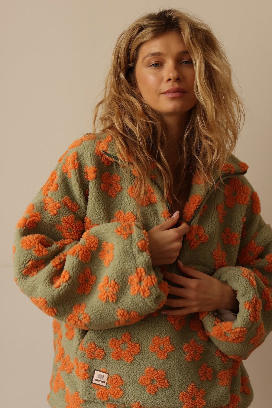 Faux Sherpa Printed Loose Zip Sweatshirt