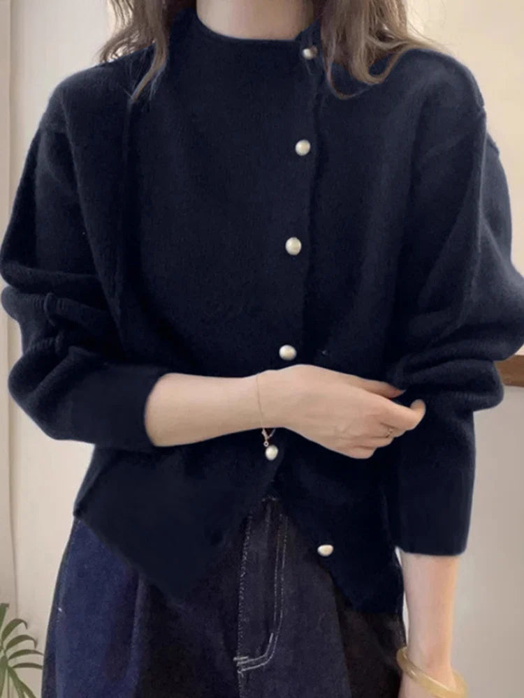 Christmas Red Puff Sleeve Button-Up Elegant Knitted Cardigan BLACK / S cardiagn-250126