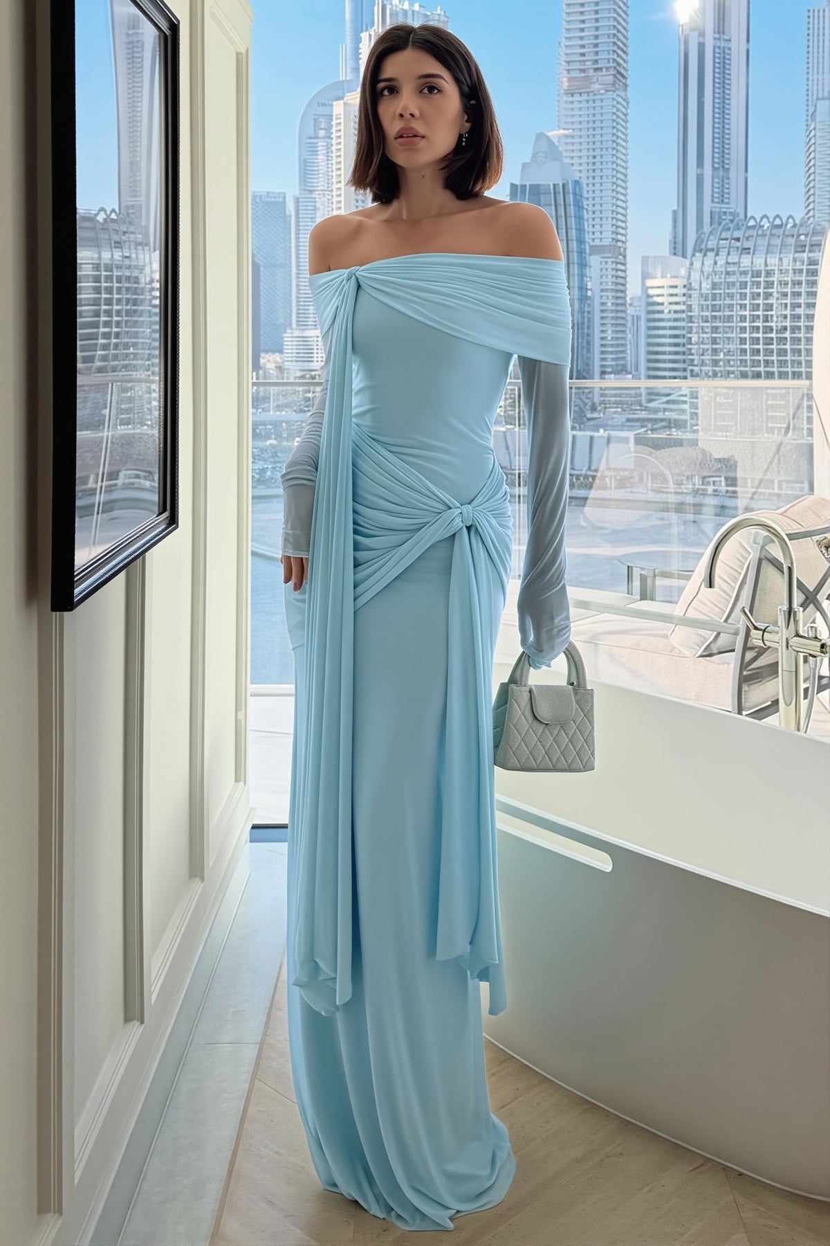 Draped Off Shoulder Long Sleeve Twist Front Maxi Gown