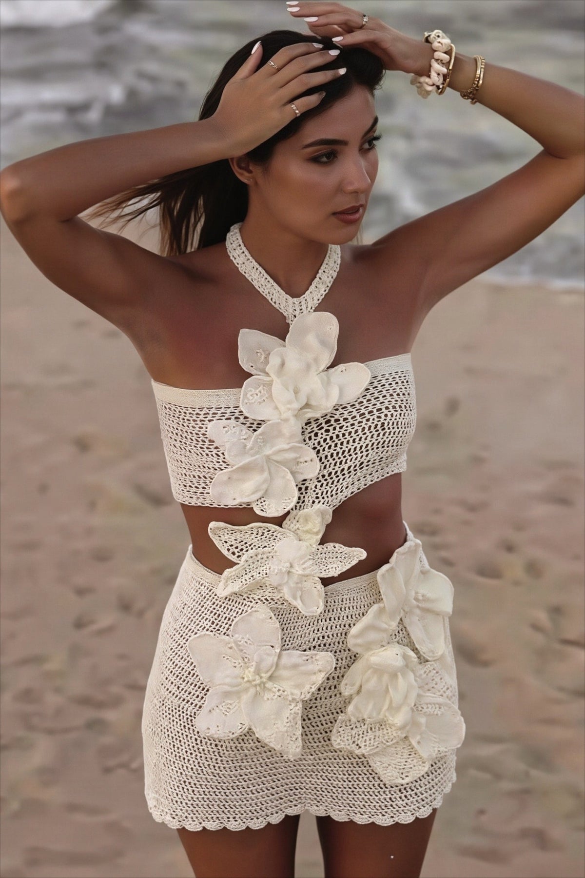 Crochet Floral Applique Two Piece Set