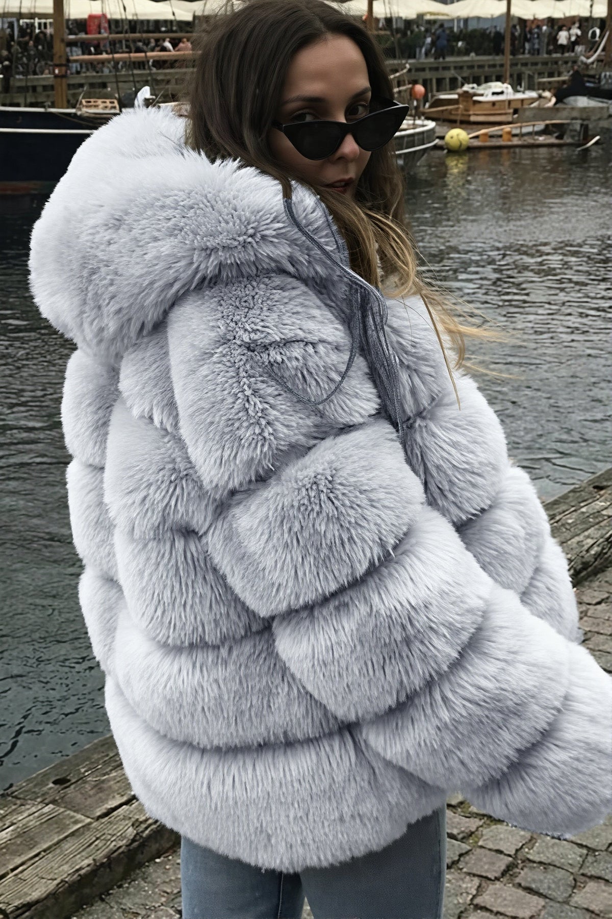 Hooded Tiered Faux Fur Coat