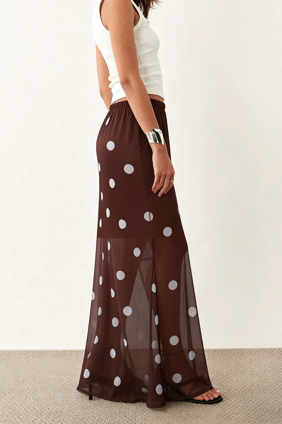 Brown Polka Dot Sheer Mesh Maxi Skirt