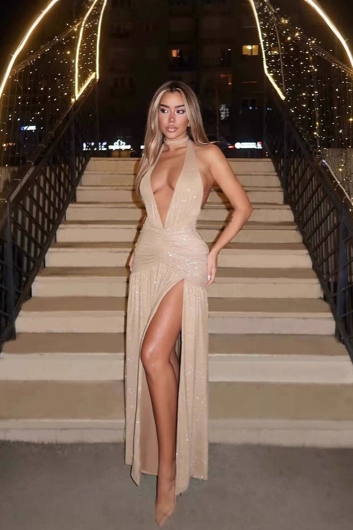 Sleeveless Backless Deep V Sequin Slit Sexy Formal Dress